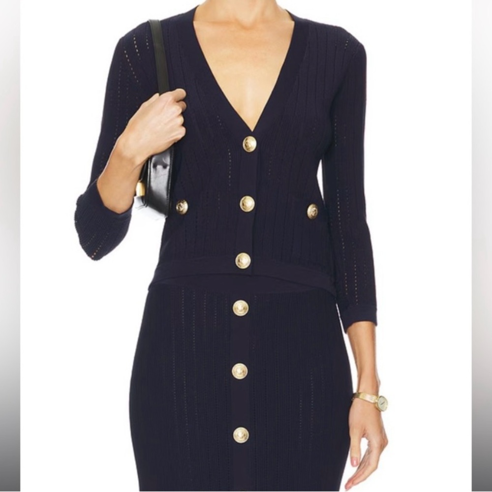L'AGENCE Navy V-Neck Knit Cardigan with Gold Buttons